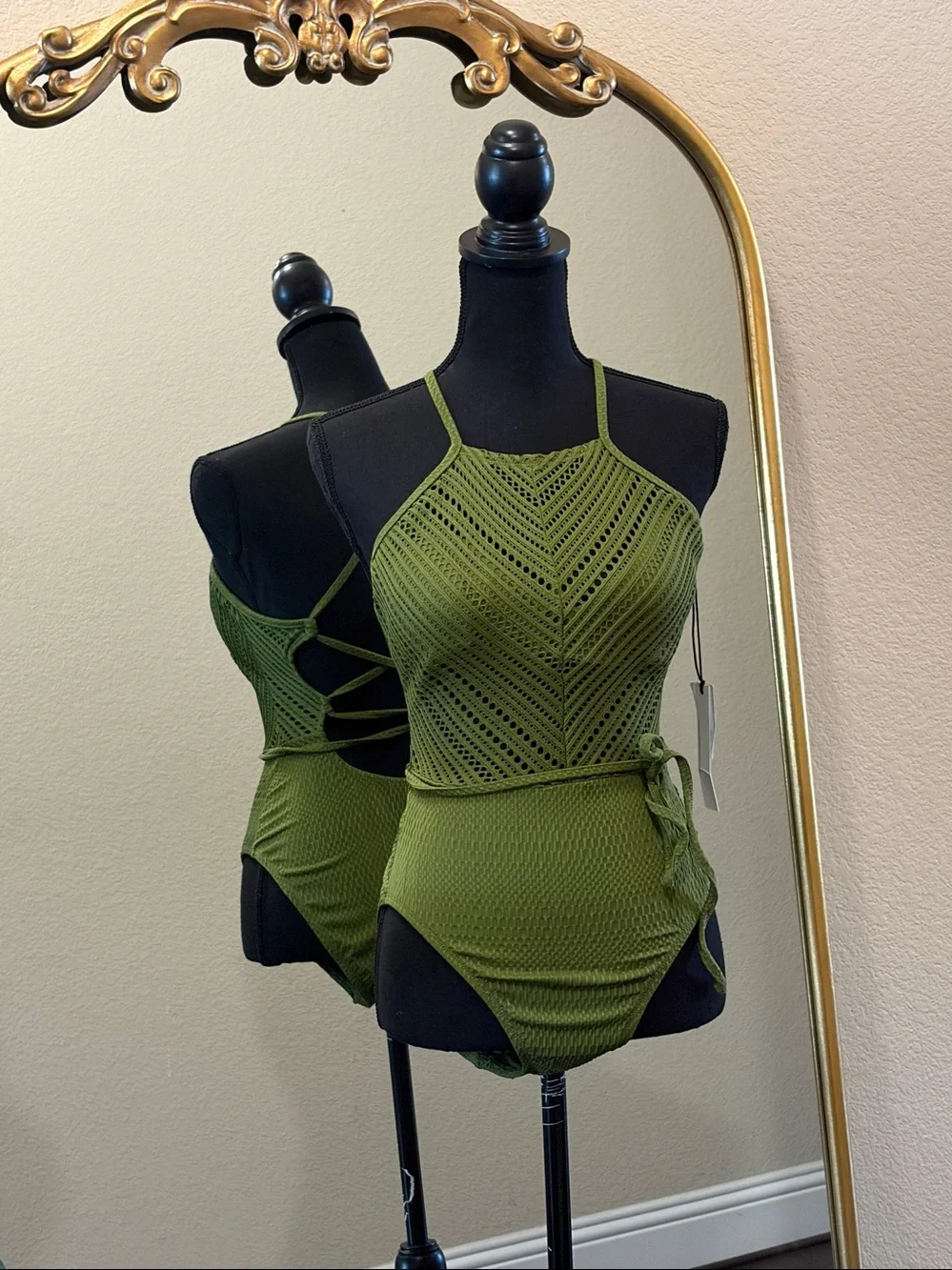 Robin Poccone Chic Green Crochet One-Piece Swimsuit Size 10